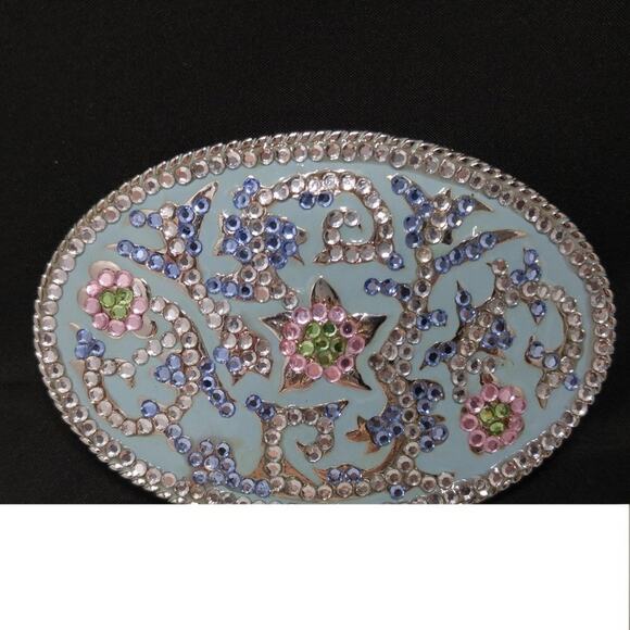 Vintage Belt Buckle. Blue Oval Flat Crystal Rhinestones, 2 3/4 Inches - Picture 9 of 9